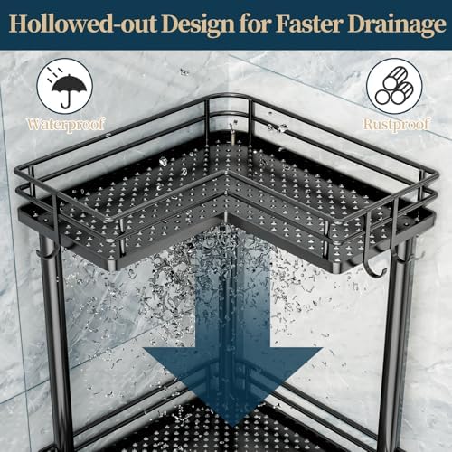 Consumest Corner Shower Caddy Standing - 3-Tier Stainless Steel Shower Organizer with Soap Holder and 4 Hooks, Large Capacity Corner Shelf Stand for Bathroom, Rest Room, Black - Image 4