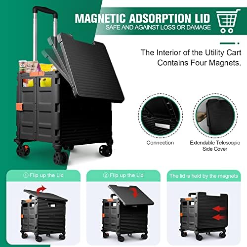 Foldable Utility Cart Folding Portable Rolling Crate with Magnetic Extended Lid,360°Rotate Wheels,176LBS Load Capacity,Heavy Duty Durable Dolly Cart for Teacher Tourist Shopping Office Outdoor - Image 6