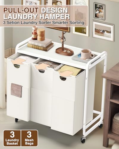 Laundry Hamper 3 Section,Laundry Basket with Wheels,3×15.8 Gal (60L) White - Image 4