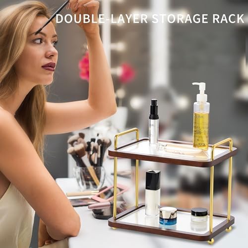 2-Tier Bathroom Counter Organizer with Transparent Stripe Acrylic Shelves, Brown Wood Frame and Black Metal Support, Rustproof Vanity Storage Rack for Skincare Cosmetics and Toiletries - Image 3
