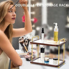 2-Tier Bathroom Counter Organizer with Transparent Stripe Acrylic Shelves, Brown Wood Frame and Black Metal Support, Rustproof Vanity Storage Rack for Skincare Cosmetics and Toiletries - Image 3