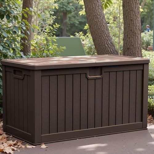 Greesum 230 Gallon HDPE Outdoor Storage Box with Removable Dividers, Weatherproof Oversized Deck Box for Patio, Garage, Garden, Brown - Image 3