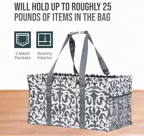 Extra Large Utility Tote Bag - Oversized Collapsible Reusable Wire Frame Rectangular Canvas Basket With Two Exterior Pockets For Beach, Pool, Laundry, Car Trunk, Storage - Damask Gray - Image 5