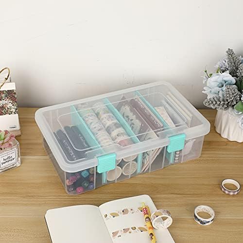 BTSKY Clear Plastic Dividing Storage Box with 4 Compartments Adjustable Storage Bin with Lid Plastic Craft Storage Container Multipurpose Sewing Box Art Supply Organizer, 13.3x8.1x3.4 Inches - Image 2