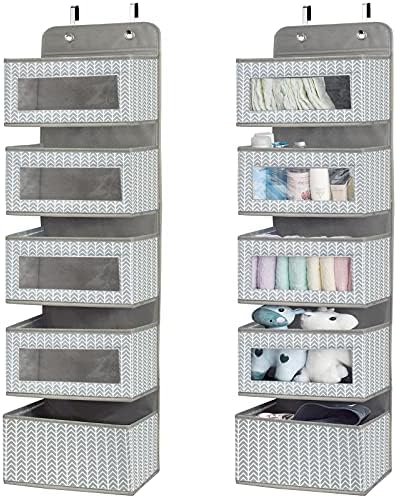 Over the Door Hanging Organizer with 5 Large Pockets - Wall Mount Pantry Storage with Clear PVC Window & 2 Big Metal Hooks for Closet,Bathroom,Nursery,Bedroom,Dorm,Baby Diapers,Kids Toys (Gray) - Image 2
