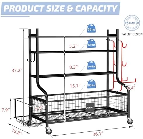 PLKOW Dumbbell Rack, Weight Rack for Dumbbells, Home Gym Storage for Dumbbells Kettlebells Yoga Mat and Balls, All in One Workout Storage with Wheels and Hooks, Powder Coated Finish Steel - Image 2