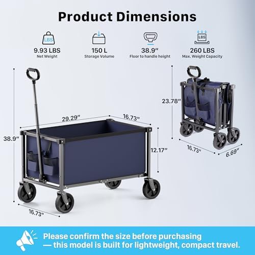 29.3" Collapsible Wagon Cart, 150L Heavy Duty Folding Utility Wagon with Wheels, 260 lbs Load, Portable Rolling Cart for Garden, Shopping, Sports, Camping, DarkBlue - Image 3