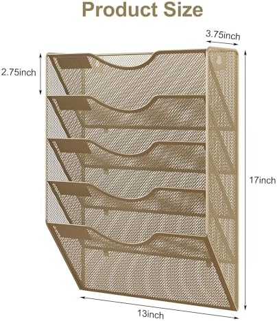 EasyPAG Wall File Organizer 5 Tier Hanging Paper Folder Holder, Zero Assembly Metal Mesh Wall Mounted Mail Organizer for Office Home Classroom Narrow Spaces, Gold - Image 6