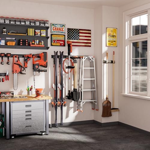 Garden Tool Organizer Wall Mount, 48 inches Tool Storage Rack with Adjustable Hooks, 600lbs Adjustable Heavy Duty Metal Hooks, Yard Shed Rack Holder System Hanging Rake Broom Mop, Father's day gifts - Image 7