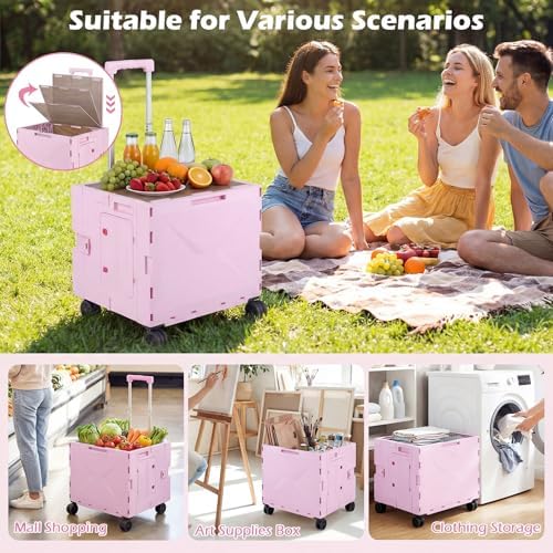 Goplus Foldable Utility Cart, Portable Rolling Crate Handcart with 4 Rotate Wheels, Telescoping Handle, Lid & Cup Holder for Travel, Shopping, Luggage, Grocery, Office & Teacher (Pink) - Image 2