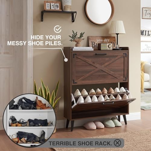 Barnyatoh Farmhouse Shoe Storage Cabinet with 2 Flip Drawers & Barn Door - Image 3