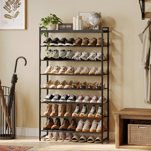 8 Tier Shoe Rack Organizer for 32-40 Pairs, Tall Metal Shoe Storage Shelf with Wood Top, Adjustable Boot Space, Narrow Design for Entryway Closet, Black - Image 2