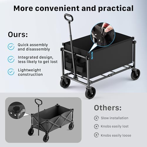 29.3" Collapsible Wagon Cart, 150L Heavy Duty Folding Utility Wagon with Wheels, 260 lbs Load, Portable Rolling Cart for Garden, Shopping, Sports, Camping, Black - Image 6