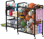 Sports Equipment Garage Organizer,Garage Ball Storage Rack for Sports with Wheels-Upgraded 3 Layers Organizer Rack Outdoor Basketball Racks for Balls with Holder and Hooks (Deep Black) by DUDUXI