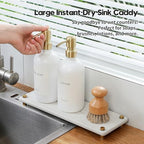 Razborci Water Absorbing Stone Sink Caddy Kitchen Sink Organizer Tray, Diatomite Bathroom Counter Tray, Gold Faucet Drying Mat Coaster Soap Dish Rack Riser Dispenser Sponge Holder, Beige 12.5" x 4.5" - Image 4
