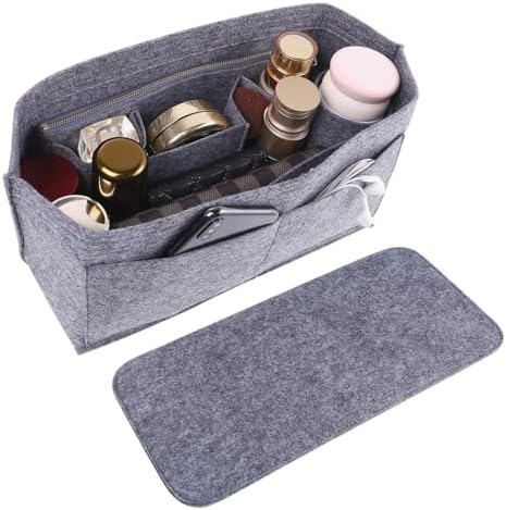 Doxo Purse Organizer Insert for Handbags & Base Shaper 2pc Set, Felt Neverfull MM Organizer Insert, Tote Bag Organizer with Zipper Pocket and Bottle Holder, Fit Speedy 30 Neverfull MM and More,Gray-L by Doxo