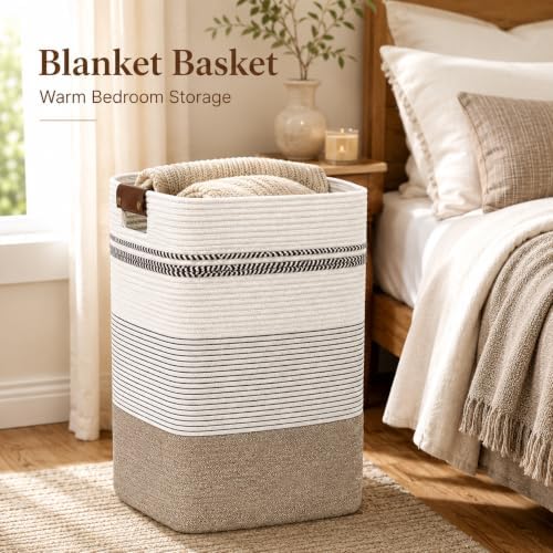 Laundry Hamper, Cotton Rope Laundry Basket with Leather Handles, 21.1-Gallon/80 L Large Clothes Hampers for Laundry, Woven Laundry Baskets for Blankets, Clothing, Bedroom, Living Room, Nursery - Image 3