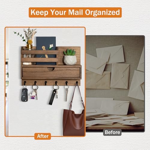 dreampossible Key and Mail Holder for Wall, Mail Organizer Wall Mount with 6 Hooks and Storage Drawer, Wooden Key Rack Hanger with Shelf for Entryway and Home Decor - Image 4