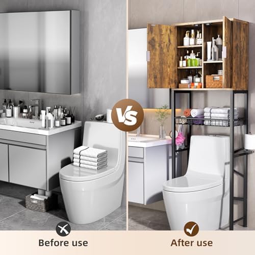Kalrin Over The Toilet Storage Cabinet with Fluted Wave Doors and Adjustable Shelf, Wood Over Toilet Storage Rack with Drain Basket, Freestanding Bathroom Organizer for Balcony Laundry, Vintage Brown - Image 3