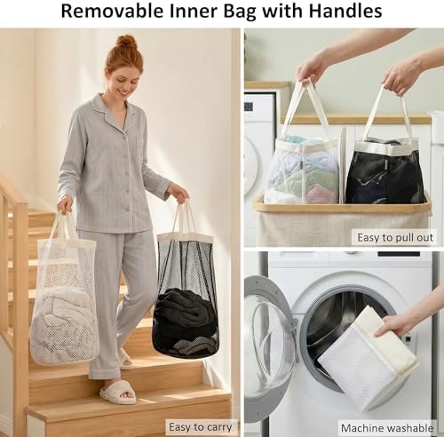 efluky Double Laundry Hamper with Lid and 2 Removable Bags, Beige - Image 4