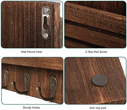 Mail Organizer Wall Mount with 4 Key Hooks, Rustic Wooden Hanging Mail Sorter Farmhouse Key Holder for Wall Decoration, 2-Slot Wall File and Magazines Bill Letter Holder (Brown) - Image 3