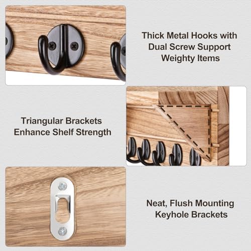 Lwenki Wall Key Holder, Rustic Shelf with Hooks Made of Paulownia Wood Holds Keys, Dog Leash, Bags and More - 13.7" W x 4.7" H x 3.5" D Decorative Key Hanger and Entryway Shelf - Image 3