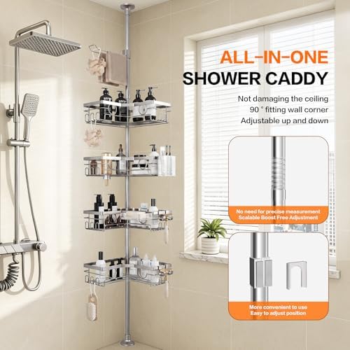 Corner Shower Caddy Tension Pole, Rustproof 4-Tier Adjustable 22-120 Inch Bathroom Storage Organizer with Towel Bar, Soap & Toothbrush Holders (Silver) - Image 2
