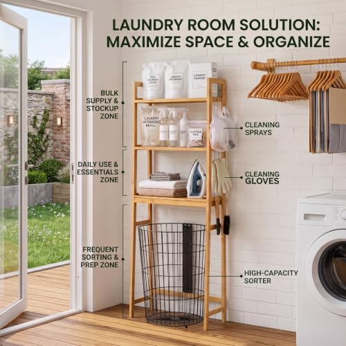 BAMBANG Over-the-Toilet Storage Shelf, 3-Tier Freestanding Bathroom Shelves with Adjustable Shelf Height and 3 Hooks, Space-Saving Organizer Rack Above Toilet, Bamboo Natural - Image 7