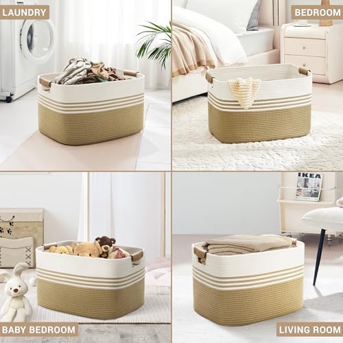 86L Large Woven Laundry Basket Hamper with Leather Handles,Khaki - Image 5