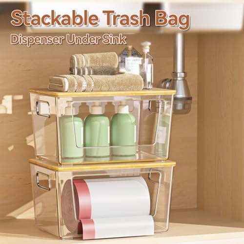 spospo 2 Pack Trash Bag Holder with Bamboo Lid Stackable Trashbag Dispenser - Image 2
