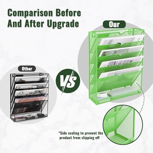EASEPRES 6 Tier Mesh Hanging Wall File Organizer, Desk Vertical Mail Paper Document Folder Holder Rack with Bottom Tray and Nametag Label for Office Home School, Green - Image 3