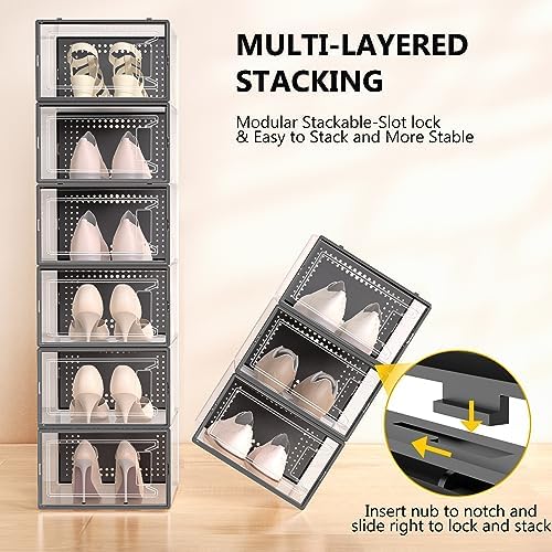 12 Pack X-Large Stackable Clear Plastic Shoe Storage Boxes Organizer, Black - Image 3