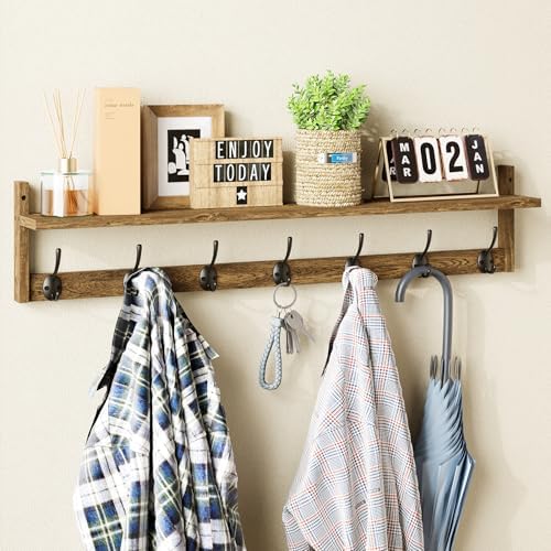 BAMEOS 35" L Wooden Coat Rack Wall Mount, Large Wall Coat Hooks with Shelf, Wall Hanging Shelf with 7 Dual Metal Hooks for Entryway, Bathroom, Kitchen, Living Room, Bedroom by BAMEOS