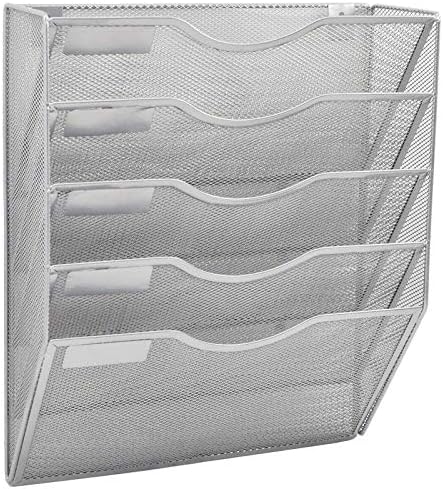 EASEPRES 5 Pocket Mesh Hanging Wall File Organizer, Wall Mounted Mail Paper Document Folder Holder, Clipboard Storage Organization Magazine Rack with Nametag Label for Office Home School, Silver by EASEPRES