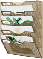 EasyPAG Wall File Organizer 5 Tier Hanging Paper Folder Holder, Zero Assembly Metal Mesh Wall Mounted Mail Organizer for Office Home Classroom Narrow Spaces, Gold by EasyPAG