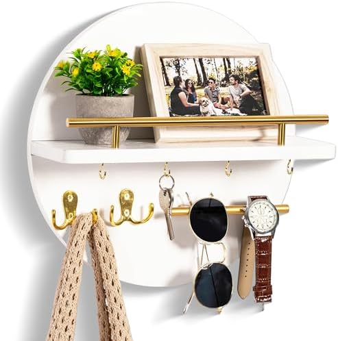 Key Holder for Wall Decorative with Shelf and Hooks, Mail Organizer Wall Mount with Sunglasses Holder, Circular Design Entryway Key Rack Hanger, Rustic Home Decor Boho Wall Decor (White) by dreampossible