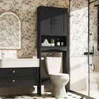 ROOMTEC Over The Toilet Storage Cabinet with Adjustable Shelf and Double Doors, Freestanding Bathroom Cabinet Organizer with Open Shelf, Home Space-Saving Toilet Rack for Restroom, Laundry, Black by ROOMTEC