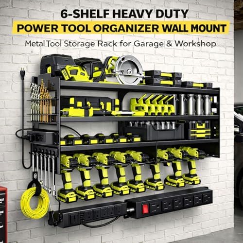 Large Power Tool Organizer Wall Mount with Charging Station, 6-Shelf Heavy Duty Metal Tool Storage Rack, Cordless Drill Holder Slots, Screwdriver Racks & Hook Bar for Garage Workshop - Image 3