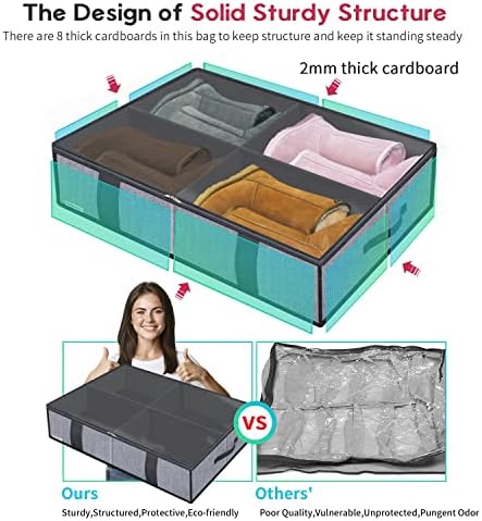 Onlyeasy Under Bed Shoe Storage Organizers for Kids and Adults Fit 14 Pairs of Shoes & 4 Pairs of Boots, Sturdy Underbed Organizer with 2 Strong Zippers and 4 Handles, Linen-like Grey, MXDUBS14S4 - Image 4