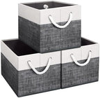 Fab totes Storage Bins 3-Pack, Foldable Storage Baskets for Organizing Toys, Books, Shelves, Closet, Large Storage Box with Rope Handles, Sturdy Organizer Bins, White & Black by Fabtotes