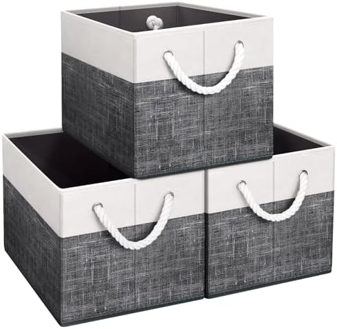 Fab totes Storage Bins 3-Pack, Foldable Storage Baskets for Organizing Toys, Books, Shelves, Closet, Large Storage Box with Rope Handles, Sturdy Organizer Bins, White & Black by Fabtotes