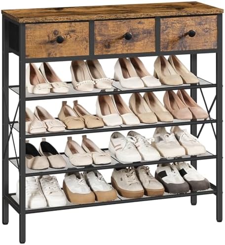 YATINEY 5-Tier Shoe Rack with 3 Drawers, Metal Shoe Organizer for 20 Pairs with Storage Shelves and Wooden Top, for Entryway, Hallway, Foyer, Closet, Rustic Brown and Black SS35BR by Yatiney
