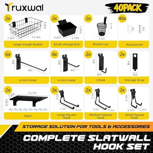 40PCS Slatwall Accessories Organizer Kit with Slatwall Hooks, Shelves, Baskets, Bins, Cups & Straps – Heavy Duty Wall Storage Set for Garage, Workshop & Utility Room - Black - Image 2