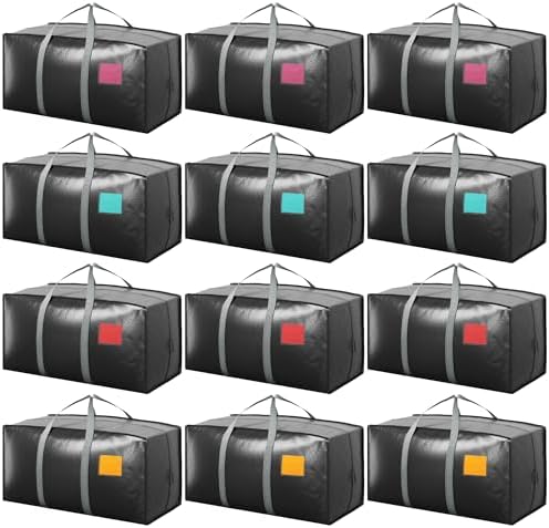 12 Pack Moving Bags with Full-Open Side Zipper, Extra Large 93L Heavy Duty Waterproof Foldable Storage Totes for College Dorm, Moving & Home Organization Gray by RMOHRO
