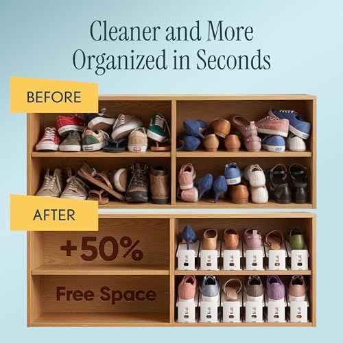 12x Shoe Slot Organizers, Space Saving Shoe Stackers for Closet, Adjustable 3 Levels Shoe Space Saver, Anti-Slip, Foldable & Compact Shoe Organizer, 12 Shoe Deodorizer Pills Included, White - Image 5