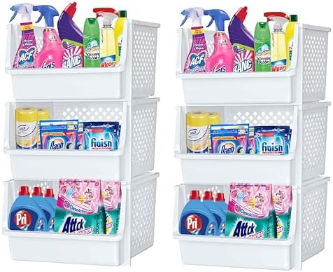 XLarge Stackable Storage Bins Open Front for Pantry Storage, 6 Pack - White by Skywin