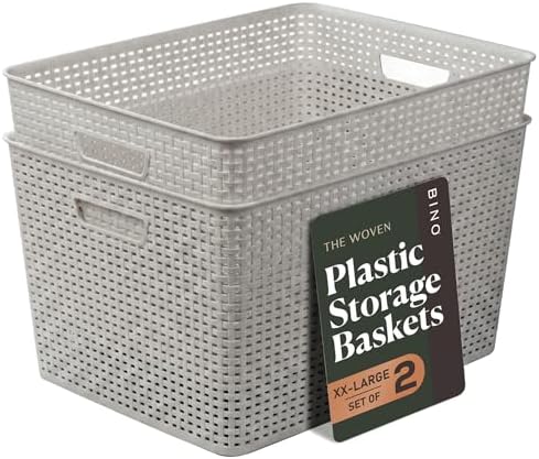 BINO | Plastic Storage Baskets, 45 Liter - 2 Pack, Natural Grey | THE WOVEN COLLECTION | Storage Basket for Shelves | Woven Storage Baskets for Organizing Bins | Pantry Shelf Organizer | Container Bin by BINO