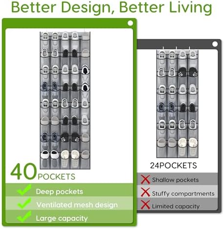 Over the Door Shoe Organizer with 40 Large Breathable Mesh Pockets, Space Saving Shoe Holder, Hanging Shoe Rack for Entryway Bedroom Closet Storage (Grey, 80 Pockets) - Image 5