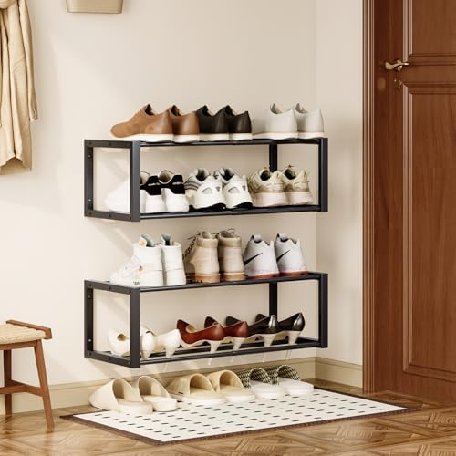 Homeiju Hanging Shoe Organizer,2 Pack Wall Mounted Shoe Rack Holds 12 Pairs,Space Saving Metal Wall Shoe Rack,Hanging Shoe Rack Shoe Holder for Small Space,Entryway,Closet,RV,Camper（Black - Image 2