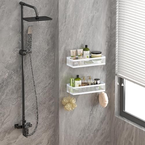 PUSDON Mesh Shower Caddy Wall Mount, Heavy Duty Adhesive Bathroom Shelf Organizer, Rustproof Floating Spice Rack for Kitchen Pantry, Holds 50 LBS, Multi-Purpose Storage White-2 Packs (Netting) - Image 2